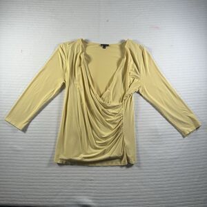 Talbots Petites Wrap Top PL Petite Large Yellow Ruched V-Neck 3/4 Sleeve Knit